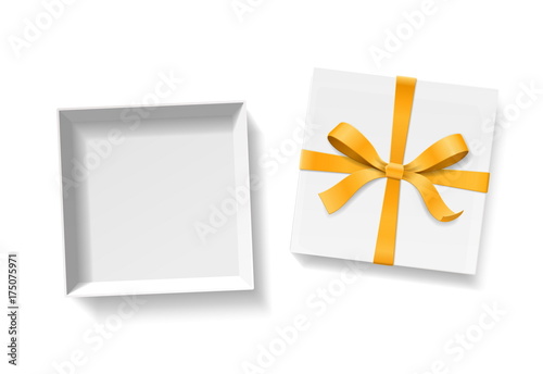 Empty open gift box with gold color bow knot and ribbon isolated on white background. Happy birthday, Christmas, New Year or Valentine Day package concept. Closeup Vector illustration 3d top view