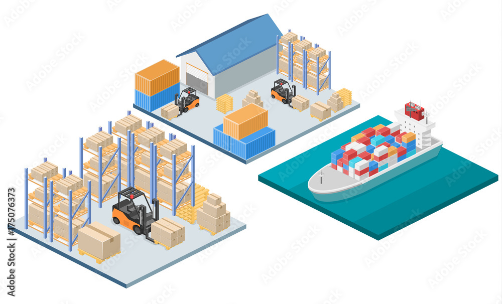 Obraz premium isometric interior of warehouse. The boxes are on the shelves.