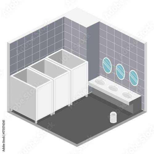 Isometric 3D isolated vector cutaway interior of public toilet