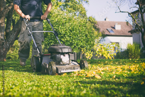 Fotografie Mowing the grass with a lawn mower in early  autumn