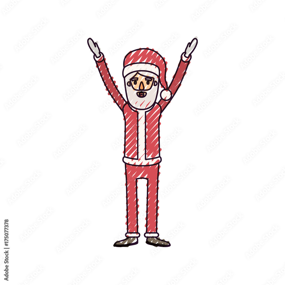 santa claus caricature full body with hands up hat and costume on color crayon silhouette on white background santa claus caricature full body with hands up hat and costume on color crayon silhouette on white background
