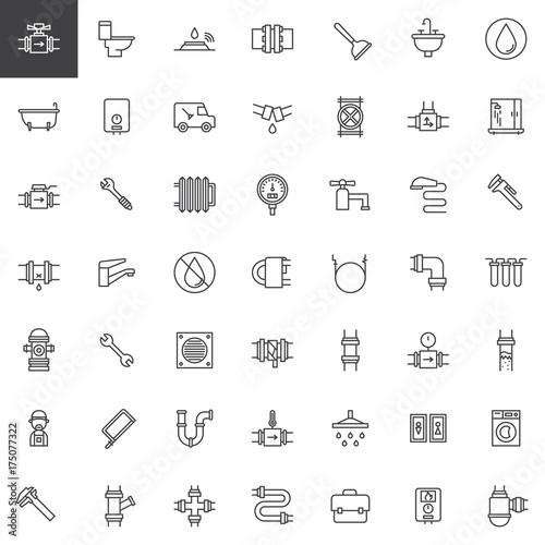 Plumbing line icons set, outline vector symbol collection, linear style pictogram pack. Signs, logo illustration. Set includes icons as valve, toilet, plumber, pipes, bathtub, wrench, washer machine