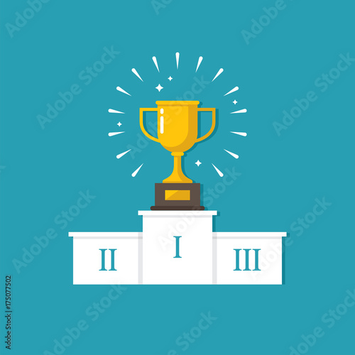 Winners podium with golden cup.