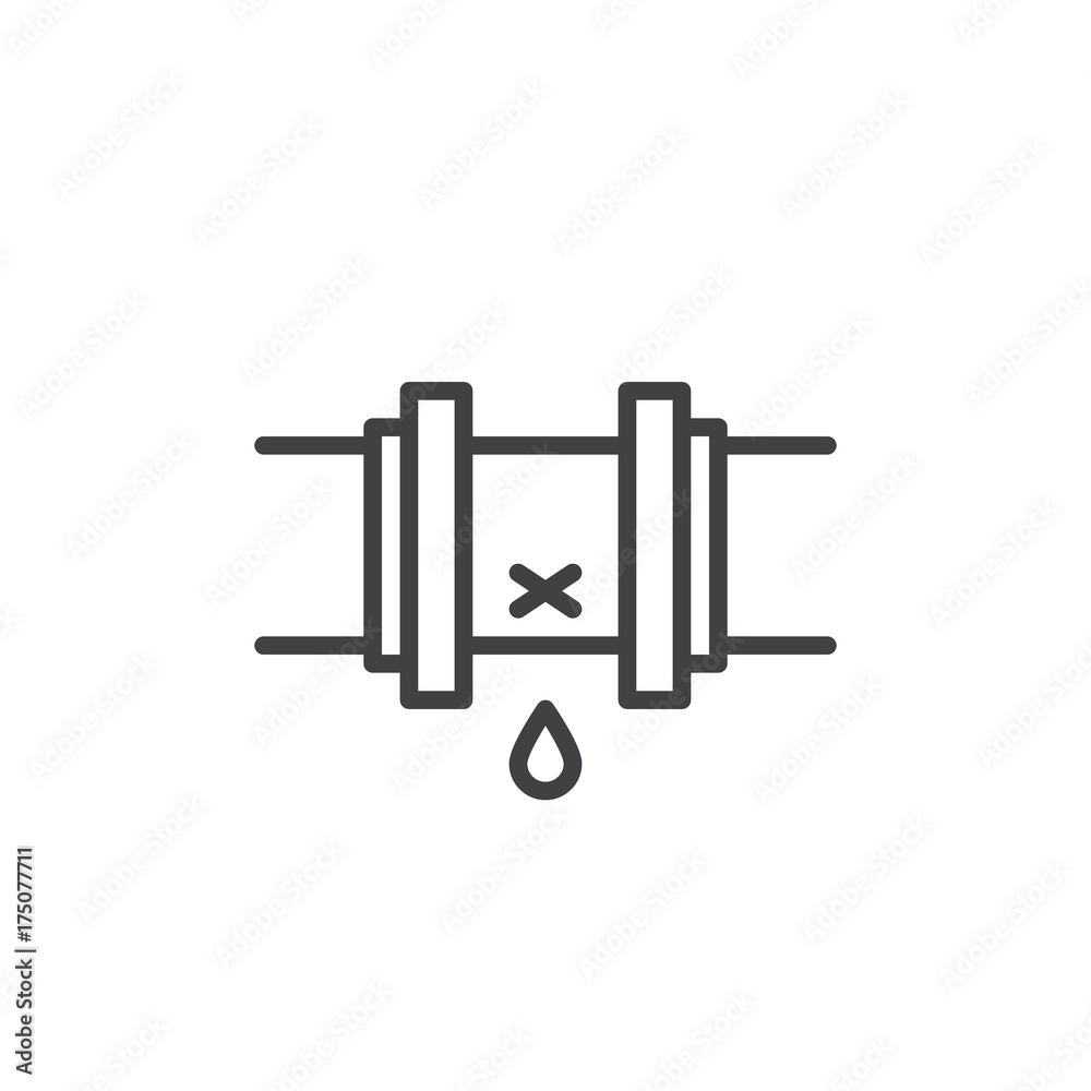 Leak in a pipe line icon, outline vector sign, linear style pictogram isolated on white. Symbol, logo illustration. Editable stroke Leak in a pipe line icon, outline vector sign, linear style pictogram isolated on white. Symbol, logo illustration. Editable stroke