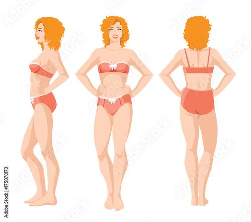 Vector illustration of beautiful woman in underwear isolated on white background. Various turns woman's figure. Side view, front and back view