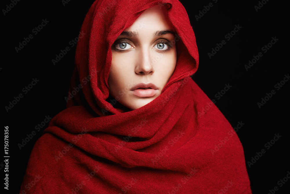 beautiful woman wrapped in a red hood beautiful woman wrapped in a red hood