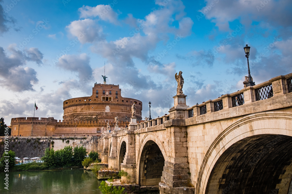 Rome, Italy - September 2, 2017: View of the Angel castle with the Angel bridge at the Tiber in Rome. Other known names are the Mausoleum of Hadrian and Hadrian's tomb