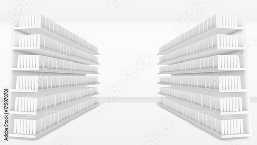 3D Supermarket Aisle With White Blank Full Shelves photo