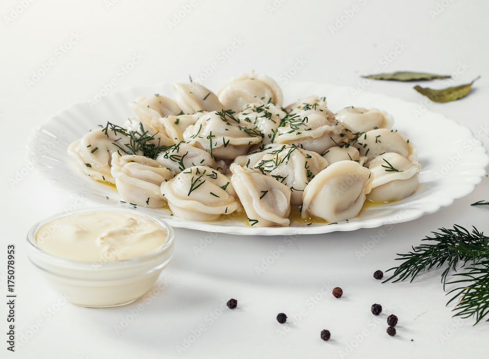 Traditional Russian food, dumplings with meat Traditional Russian food, dumplings with meat