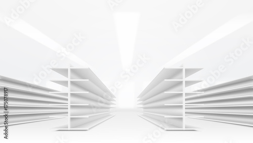 3D Supermarket Aisle With White Blank Empty Shelves