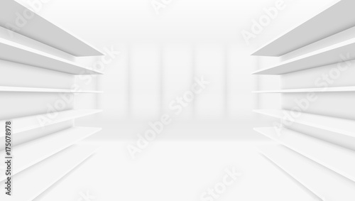 3D White Blank Empty Shelf. Front View