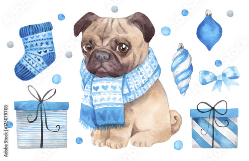 Christmas dog vector illustration. Hand drawn watercolor painting.