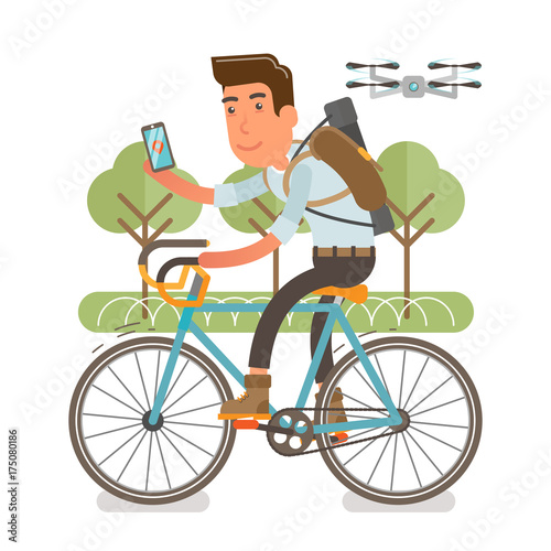 Generation Y, Millennial riding on a bike and fallowed by a drone in the park
