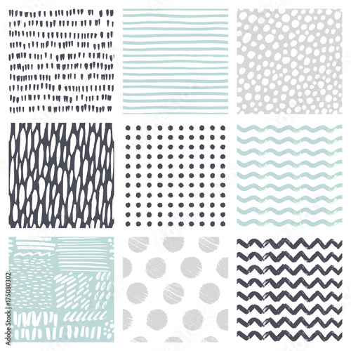 Seamless patterns with hand drawn scribble and spot. Abstract background with brush strokes. Vector texture.