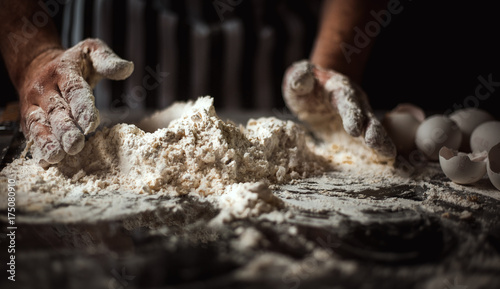 The man cook prepares flour products and meal-free flour on a glass table. Beautiful conceptual photo photo