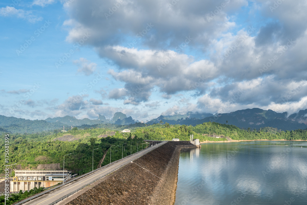 Ratchaprapha Dam with cloudy sky in morning