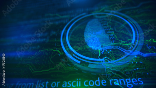 Technology background. Fingerprint access button. Cyber security and information technology. Blue, green background with digital integrated network technology. Printed circuit board.