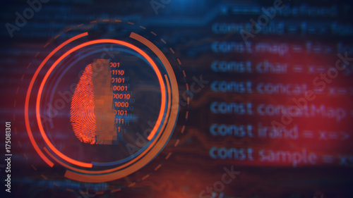 Technology background. Fingerprint access button. Cyber security and information technology. Blue, orange, yellow background with digital integrated network technology. Printed circuit board.