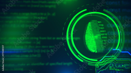 Technology background. Fingerprint access button. Cyber security and information technology. Blue, green background with digital integrated network technology. Printed circuit board.