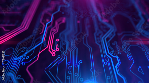Obraz na plátne Purple, violet, blue neon background with digital integrated network technology