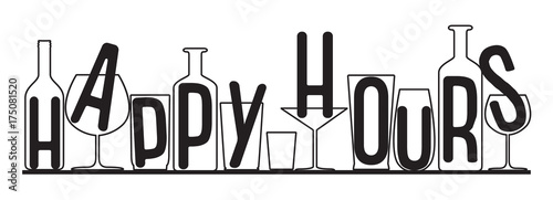 Silhouettes of glasses and bottles happy hours time. Vector black and white composition.