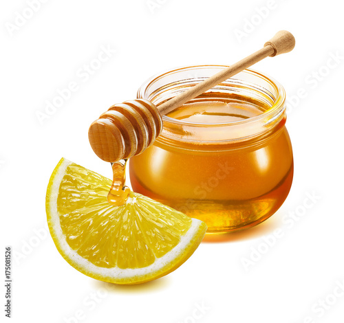 Traditional remedy for flu and cold treatment - honey drink with lemon isolated on white background