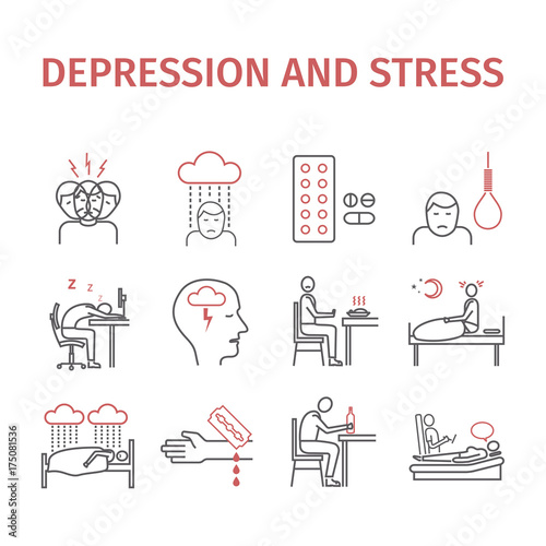 Depression infographic Symptoms, Treatment. Line icons set. Vector signs for web graphics.