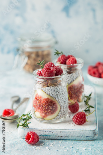 chia seeds pudding with figs, raspberry and granola