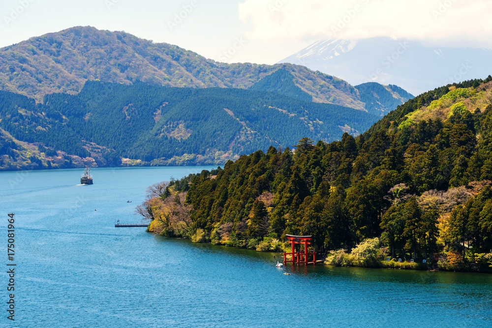top view of torii gate at Lake Ashi, Hakone