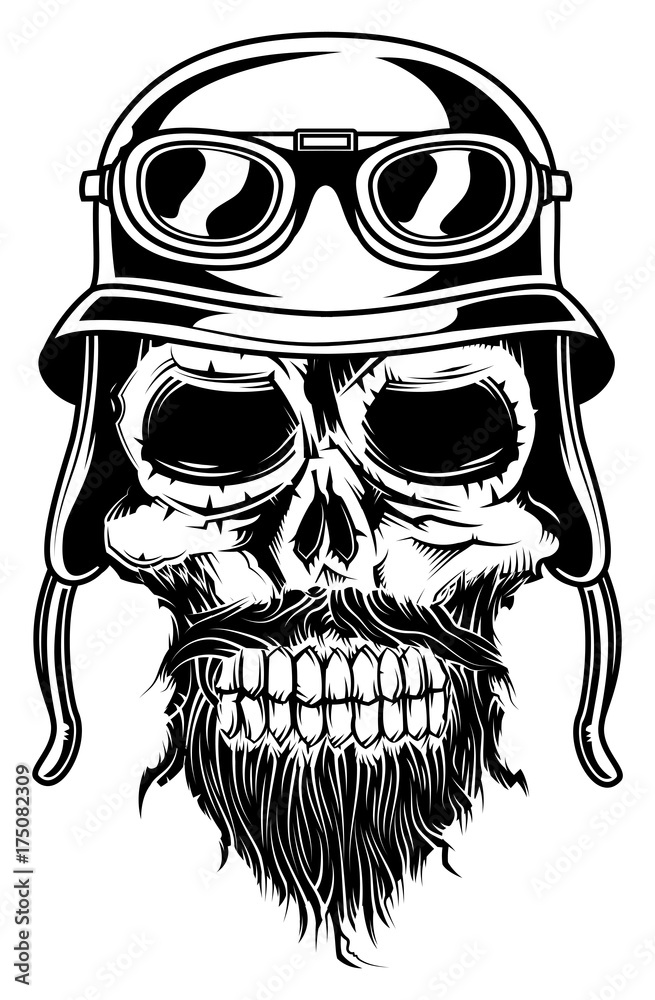 Monochrome illustration of biker's skull isolated on white background ...