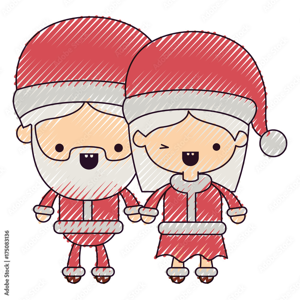 santa claus couple cartoon full body man and woman smiling on color crayon silhouette on white background santa claus couple cartoon full body man and woman smiling on color crayon silhouette on white background