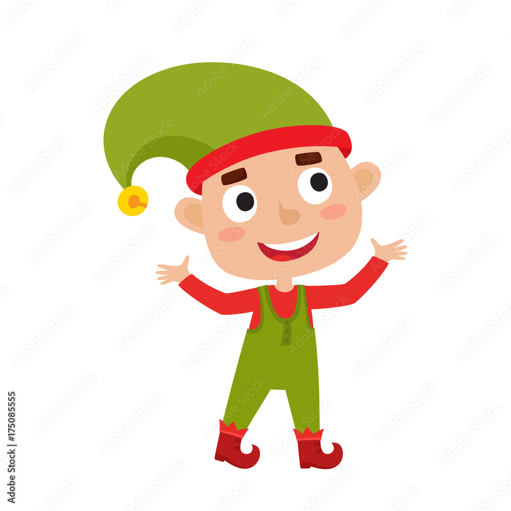 Cute little Christmas boy elf smiling, vector illustration isolated on white