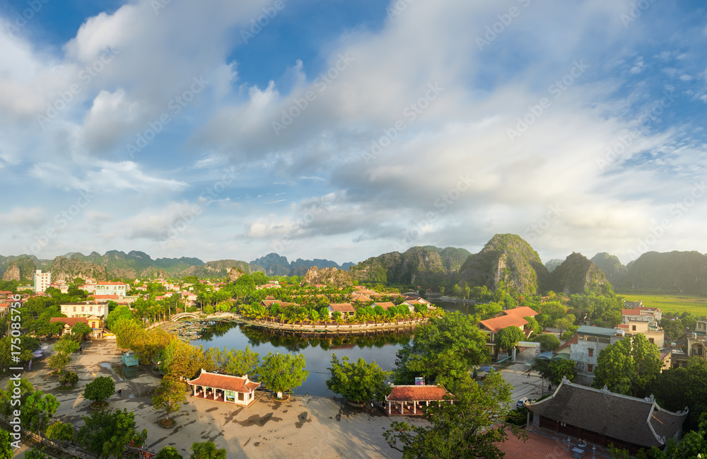 Panoramic view of Tam Coc village in Ninh Binh province, Vietnam