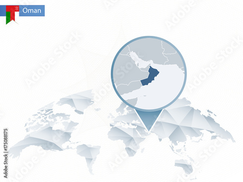 Abstract rounded World Map with pinned detailed Oman map.