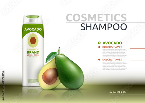Shampoo cosmetic realistic mock up package avocado essence. Vector 3D illustration. Cosmetic package ads template. Natural fruit detailed 3d elements