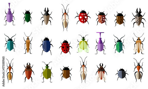 Set of insects flat style design icons. Butterfly, Colorado beetle, Dragonfly, Wasp, Grasshopper, Ant, Ladybug, Beetle, Bumblebee, Moth, Scorpio, Acarus, Fly, Caterpillar, Spider, Mosquito. © An-Maler