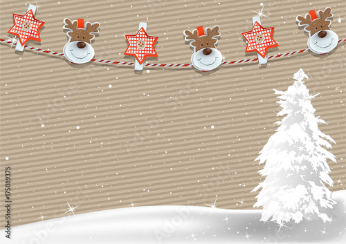 Christmas Background with Striped Paper and Clothespin Decoration on a Rope - Xmas Illustration, Vector