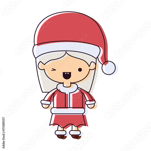 santa claus woman cartoon full body face with wink eye and happiness expression watercolor silhouette on white background