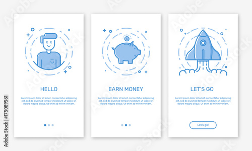 Vector Illustration of onboarding app screens and web concept with welcome, money box and rocket screen in line style.