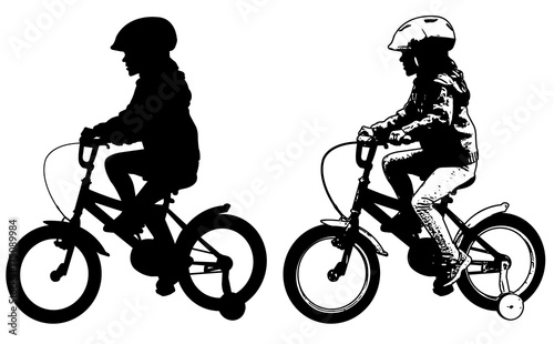 little girl riding bicycle silhouette and sketch illustration - vector