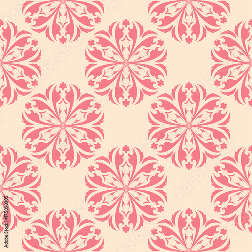 Red floral design on beige background. Seamless pattern for textile and wallpapers