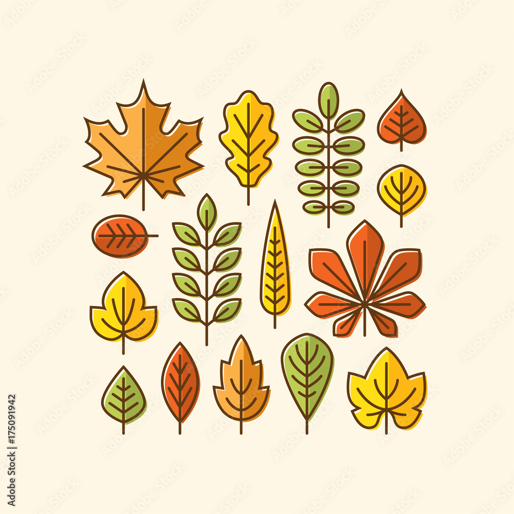 Colorful autumn leaves icons set. - obrazy, fototapety, plakaty 