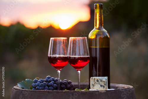 Two glasses of red wine and bottle in the vineyard at sunset