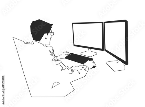 Illustration of busy young male office worker with blank monitors in black and white