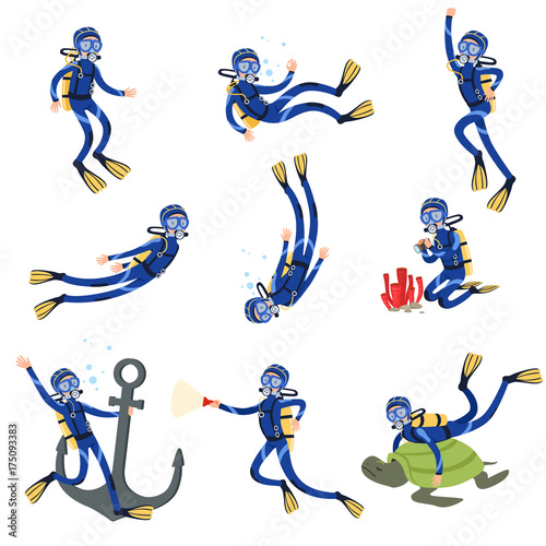 Diving and snorkeling set, diver in underwater swimming in mask snorkel and fins vector Illustrations