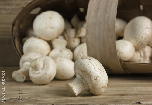 Basket with mushrooms on wooden background