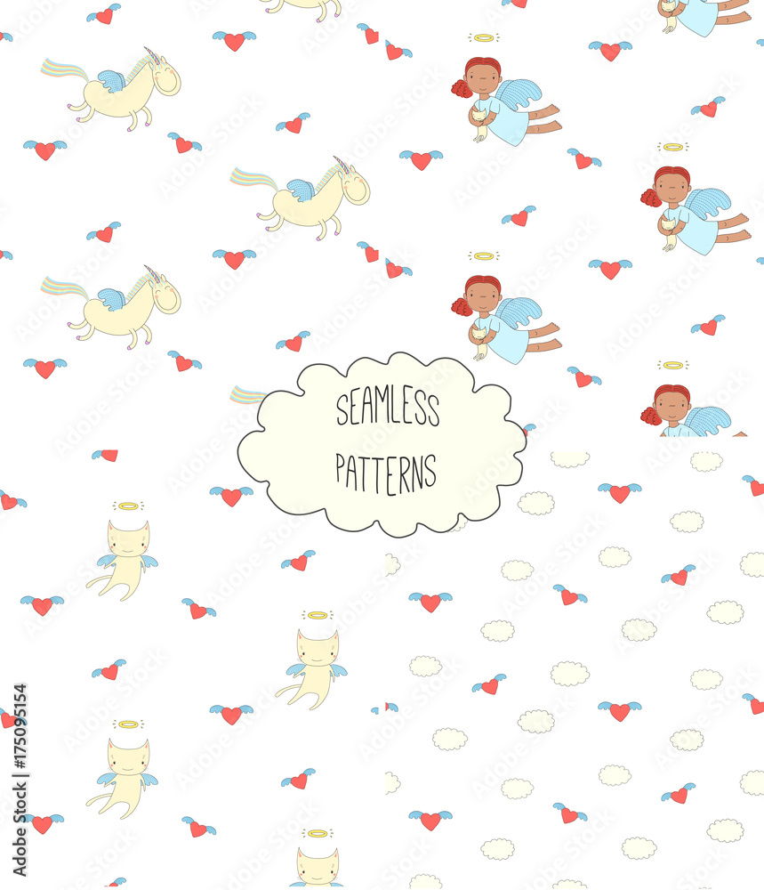 Set of four hand drawn cute seamless vector patterns with angel girl, winged cat, unicorn, hearts, clouds, on a white background.