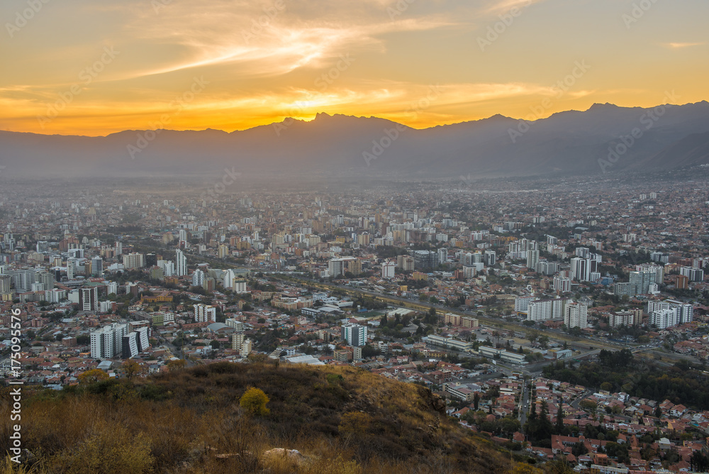 Cochabamba City seen from San Pedro Hill at sunset, Bolivia