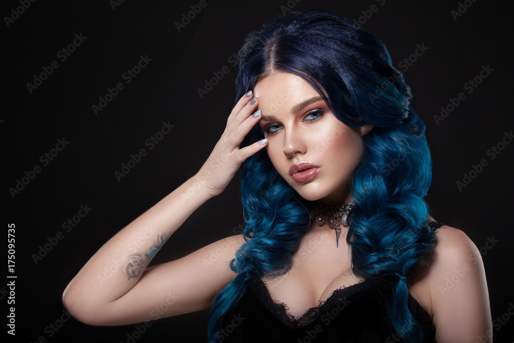 Beauty face of a girl with blue hair with a braid hair. Beauty face of a girl with blue hair with a braid hair.