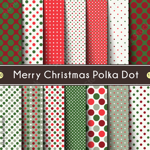 Fourteen Merry Christmas Polka Dot. Vector Seamless Patterns.